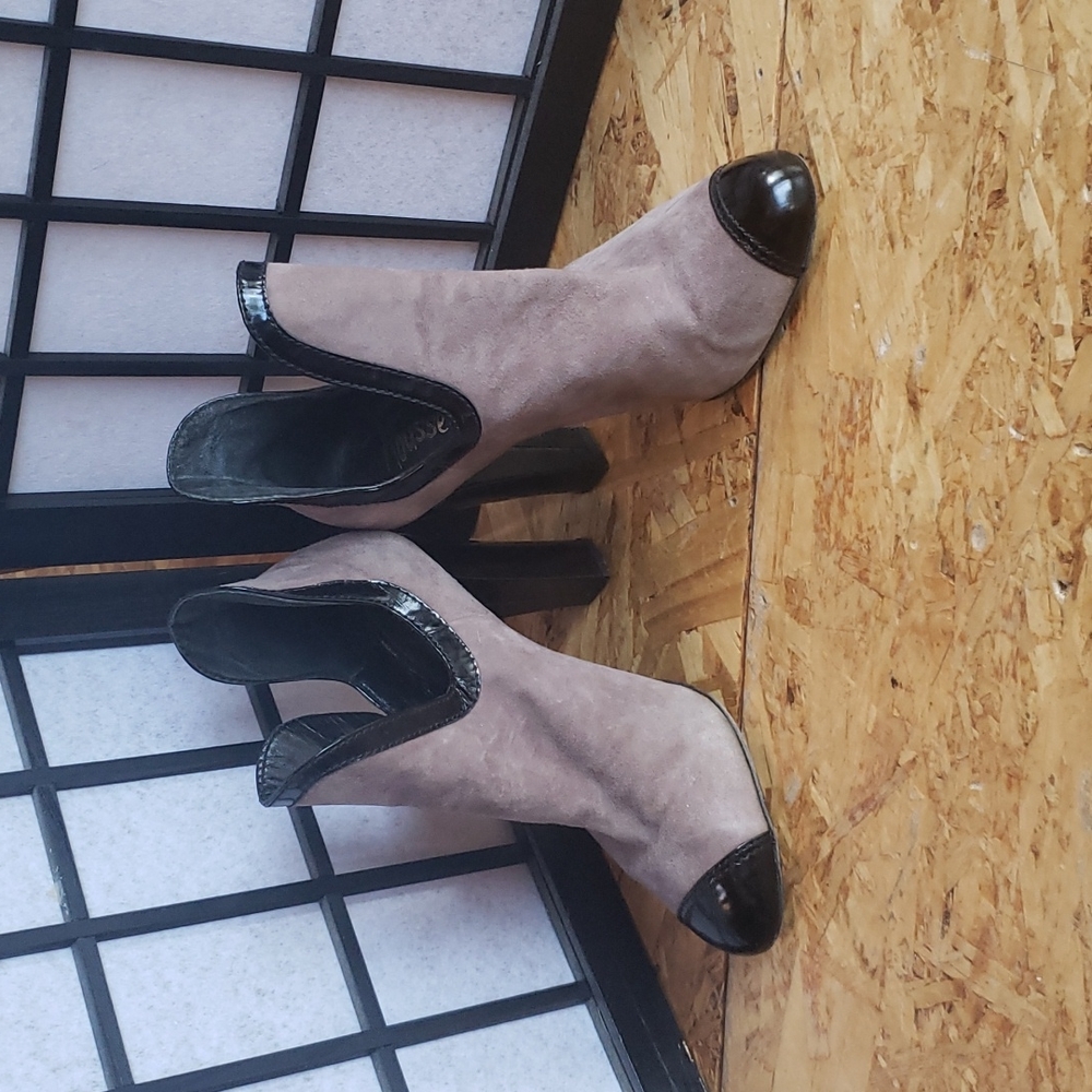 Jerome C. Rousseau Taupe Suede Black Patent Cap Toe Booties